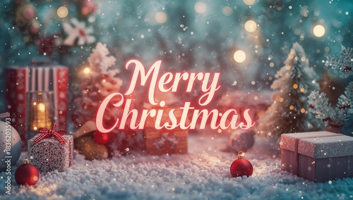 Merry Christmas Decoration With a Tree, Snowman, and Fireplace in a Cozy Indo...