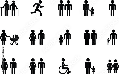 Diverse family and people silhouette icons representing relationships, parenting, community, caregiving, disability inclusion, and everyday human activities in clean vector illustration