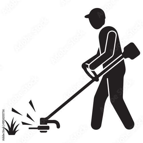 Black Silhouette Pictogram of Person Trimming Grass with String Trimmer