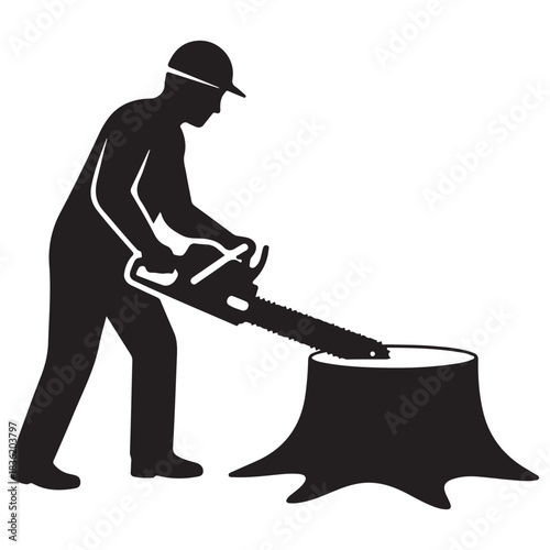 Black and White Silhouette Vector Graphic of Logger Cutting Tree Stump