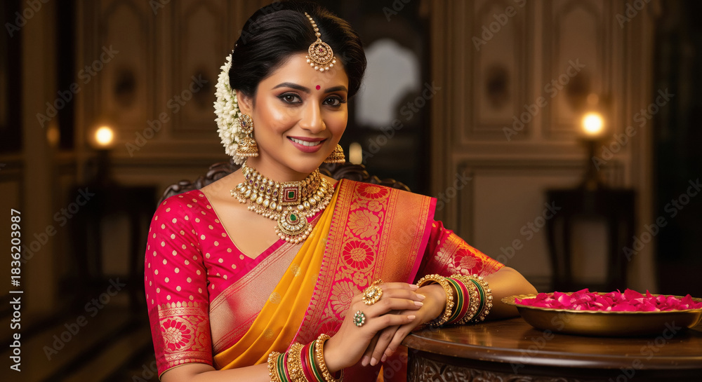 Fototapeta premium Beautiful Indian Woman Adorned in Traditional Saree and Jewelry