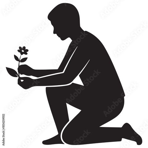 Monochromatic Silhouette Graphic of Kneeling Person Holding Small Plant