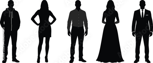 Diverse standing human silhouettes in casual, formal, and elegant outfits representing various styles, fashion concepts, character design elements, and modern creative artwork.