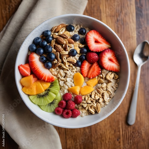 A vibrant, healthy, and delicious breakfast bowl filled with fresh fruits and nuts.