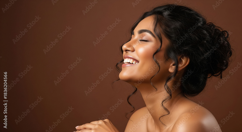 Obraz premium Beautiful Indian woman smiling with closed eyes, radiant skin