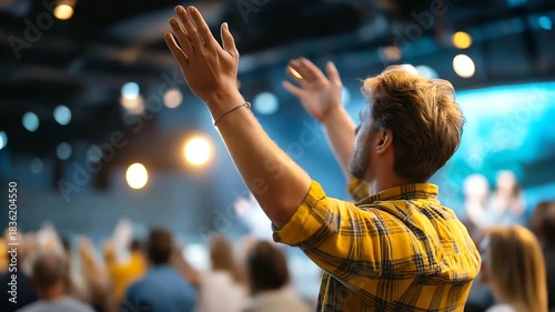 Man raised hands, praying church setting, religious worship service, Christian gathering prayer, group prayer meeting, spiritual devotion display, faceless worshipper present, defo