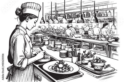 A woman chef is preparing food in a kitchen. The kitchen is full of people and various utensils, including knives, spoons, and bowls. The atmosphere is busy and bustling