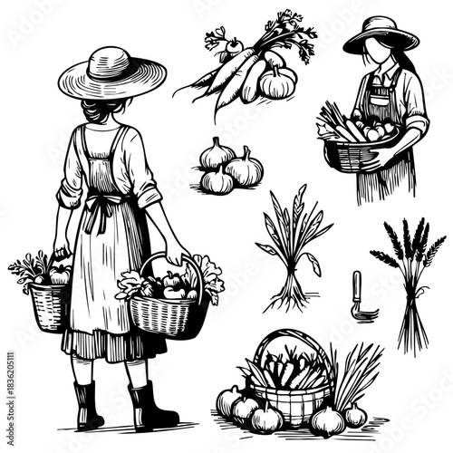 A woman is holding a basket of vegetables and is wearing a straw hat. She is surrounded by various vegetables such as carrots, onions, and squash