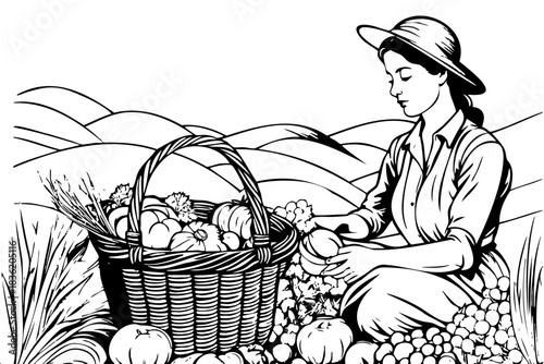 A woman is sitting in a basket full of fruits and vegetables. The basket is overflowing with apples, oranges, and grapes. The scene is peaceful and serene