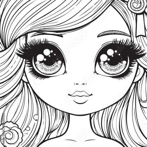 A girl with long blonde hair and big eyes. She is smiling and has a flower on her head