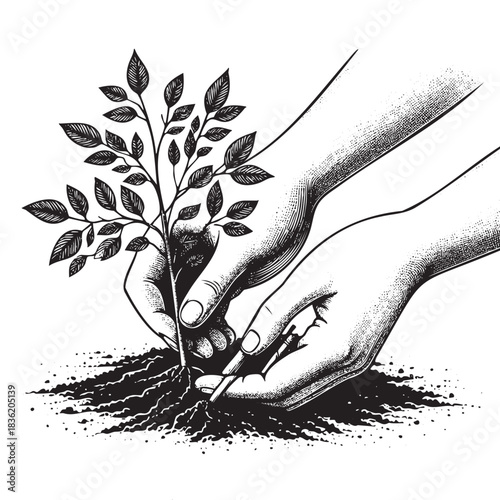 A hand is planting a tree in the dirt. Concept of nurturing and growth, as the person is taking care of the young plant