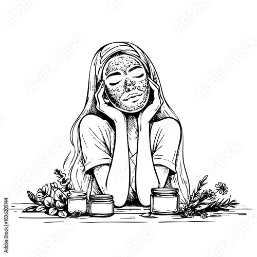 A woman is sitting with her hands on her face. She is wearing a scarf and has a face mask on. There are three jars on the table in front of her
