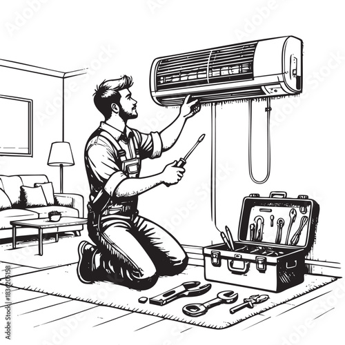 A man is fixing an air conditioner. He is kneeling on the floor and has a toolbox next to him