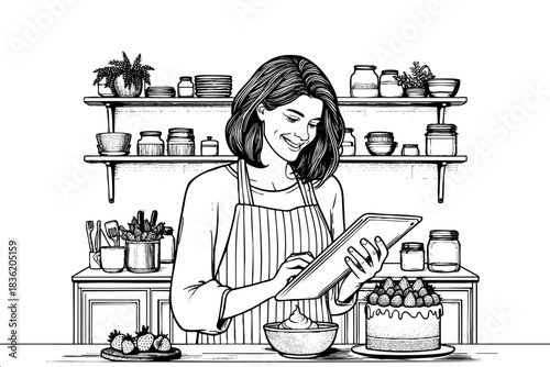 A woman is standing in a kitchen with a tablet in her hand. She is smiling and she is enjoying herself. The kitchen is well-stocked with various items, including a bowl, a cake, a cup, a spoon