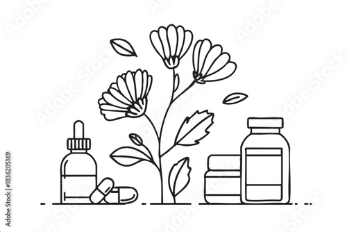 A flower is drawn next to a bottle of pills and a bottle of lotion. Concept of health and wellness, with the flower representing nature and the pills and lotion representing modern medicine