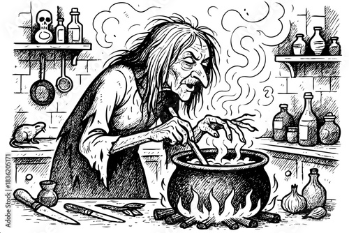A witch is cooking in a pot with a lot of smoke coming out of it. The pot is on a stove and there are several bottles and a mouse in the background