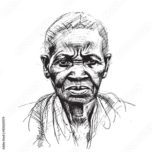 A man with a serious expression on his face. The drawing is in black and white. The man's face is the main focus of the image