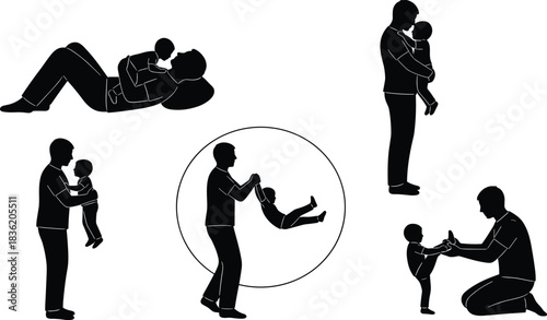 Heartwarming father and child silhouette moments showing playful bonding, loving interaction, family connection, nurturing parenting and joyful childhood activities in vector illustration