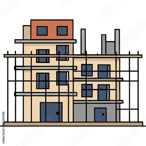 Unfinished Building Under Construction with Scaffolding and Multiple Floors Featuring Beige Walls Blue Windows and Red Brick Accents Under Natural Daylight