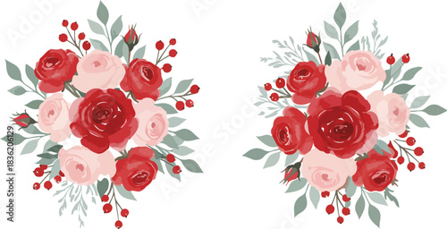 Two elegant watercolor floral arrangements featuring deep red and soft pink roses with delicate green foliage and berries