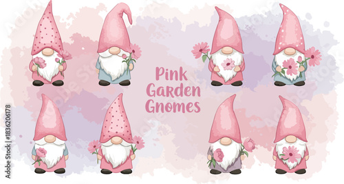 Collection of eight adorable pink watercolor garden gnomes with floral accents and pointy hats