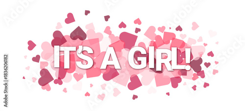 IT'S A GIRL typography vector banner with hearts cloud background