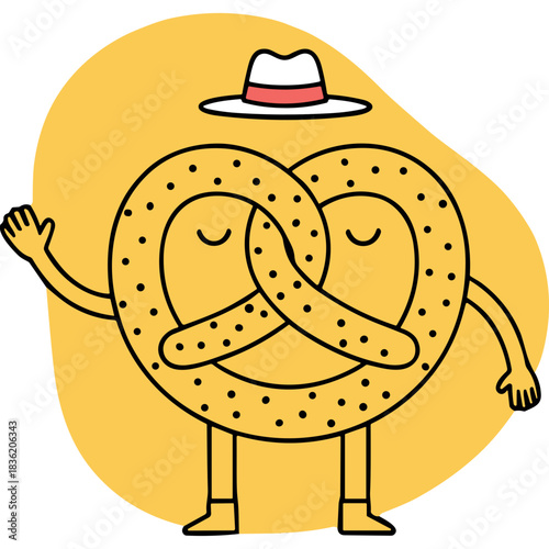 Whimsical Cartoon Pretzel Character Wearing a Fedora Hat Waving Hello on a Yellow Blob Background Simple Flat Design