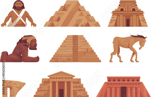 Ancient architectural wonders and historical figures from diverse civilizations