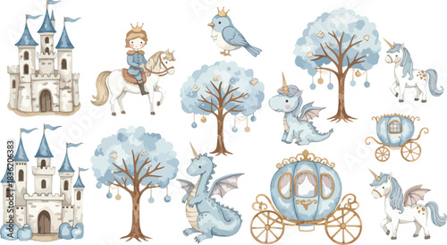 Whimsical watercolor illustration of a fairytale kingdom with castles knights dragons and unicorns