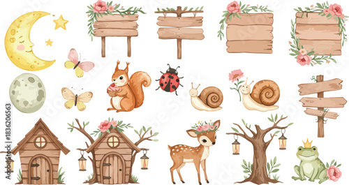 Whimsical watercolor forest elements featuring a crescent moon woodland creatures enchanted houses and rustic signs
