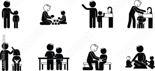 Parent and child activity silhouette set showing daily routines, learning moments, caregiving tasks, hygiene habits, playtime interactions, and supportive family relationships.