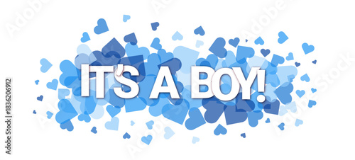IT'S A BOY typography vector banner with hearts cloud background