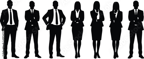 Professional business team silhouettes standing in confident poses representing corporate workforce, leadership diversity, teamwork, office staff, and modern vector illustration design.