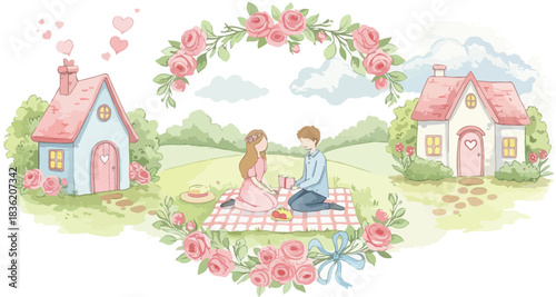 Romantic couple enjoying a picnic in a picturesque village surrounded by flowers and charming cottages