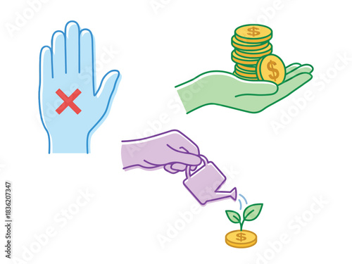 Conceptual image illustrating financial management with symbols for avoiding loss, holding wealth, and investing for growth.
