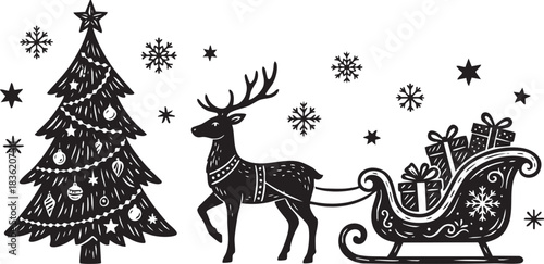 Hand Drawn Christmas Silhouette Scene with Reindeer Pulling Sleigh and Decorated Tree Vector