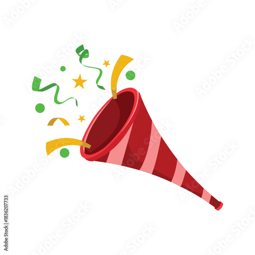 Festive party popper with confetti explosion.