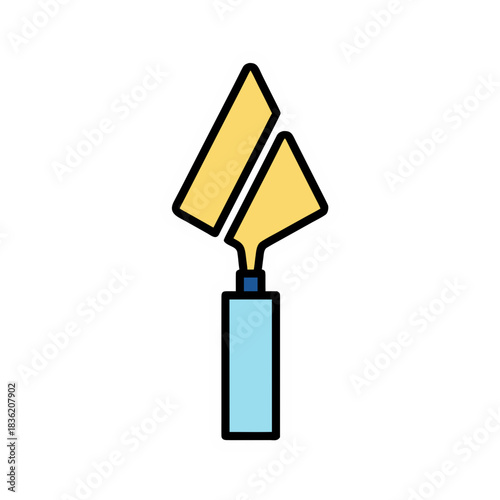 A Stylized Yellow Trowel with a Blue Handle Against a Black Background Flat Vector Art