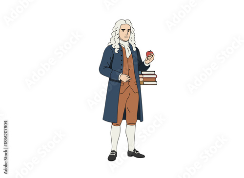 18Th Century Gentleman In Blue Coat And Brown Breeches Holding An Apple And Books