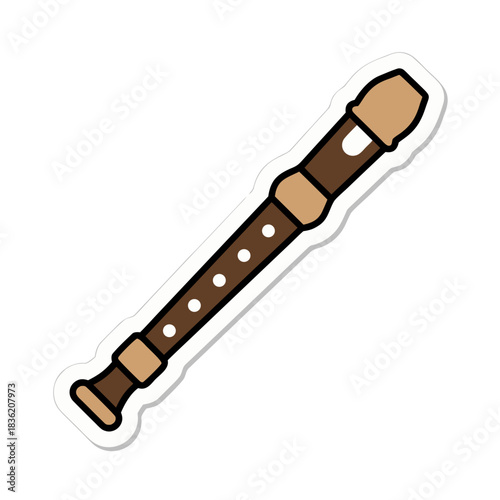 A Brown Recorder Musical Instrument With Light Tan Accents Rendered In A Minimalist Flat Vector Art Sticker Style On A Pure White Background With Clean Lines And Solid Colors