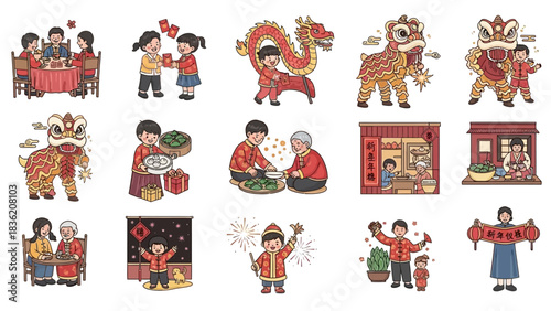 A dynamic digital illustration featuring icons of popular Lunar New Year activities, such as dragon dances, fireworks, and family gatherings, rendered with vibrant colors and clean lines.