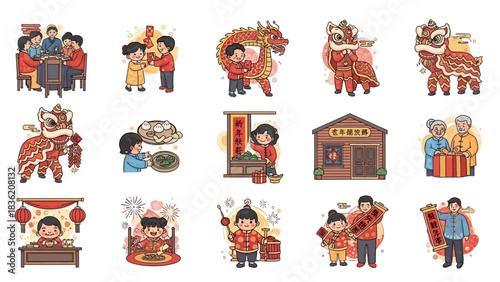 A dynamic digital illustration featuring icons of popular Lunar New Year activities, such as dragon dances, fireworks, and family gatherings, rendered with vibrant colors and clean lines.