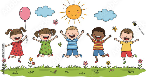 Diverse group of happy children jumping joyfully under a sunny sky with clouds and a balloon