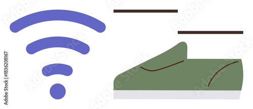 Blue wireless signal paired with a green running shoe illustrates concepts of connectivity, speed, and mobility. Ideal for technology, fitness apps, e-commerce, smart devices, innovation, data