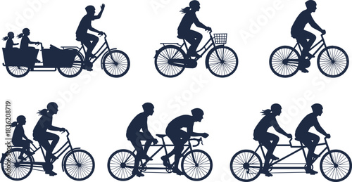 Silhouette collection of diverse people riding bicycles, showcasing family biking, tandem cycling, outdoor transportation, healthy lifestyle, fitness activity, and recreational movement.