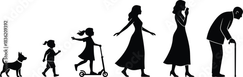 Silhouette illustration depicting the stages of human life from childhood to adulthood and old age, showing growth, movement, and aging progression.