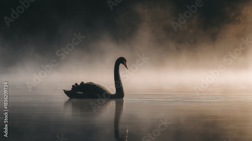 Fototapeta Naklejka Na Ścianę i Meble -  Black Swan Swimming in a Lake — Graceful Wildlife Scene