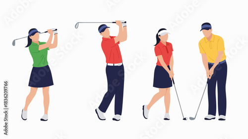 Collection of diverse golfers executing powerful swings with their clubs, depicted in crisp vector illustration style