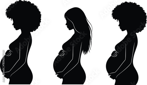 Silhouette illustration of diverse pregnant women standing in profile, celebrating motherhood, maternity beauty, prenatal care, female strength, and maternal wellness.