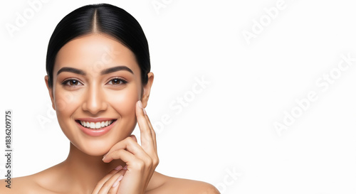 Beautiful Young Woman Smiling, Touching Her Perfect Skin
